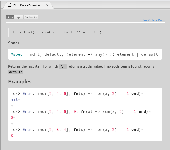 Elixir documentation tab